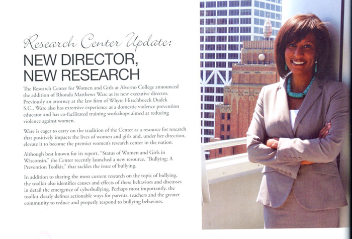 An article about Rhonda Matthews Ware appeared in the Spring 2012 issue of Alverno Magazine.